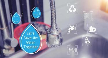 Concept Water saving. Water drop icon and message help save water for the future. Water is life, the source of everything around us. photo