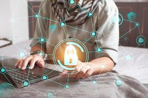 Data protection privacy concept. GDPR. Cyber security network. Hand touch black tablet with digital hologram lock, padlock sign. Innovative, and global network connection, photo