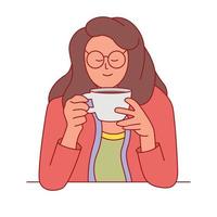 mujer joven disfrutando de una taza de café vector