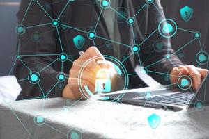 Data protection privacy concept. GDPR. Cyber security network. Hand touch black tablet with digital hologram lock, padlock sign. Innovative, and global network connection, photo