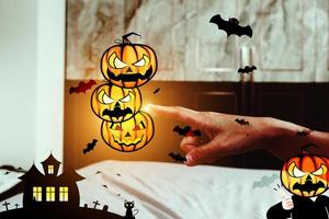 Relaxing day at home with Halloween cartoons Devil's Pumpkin Concept Halloween festival and house activities photo