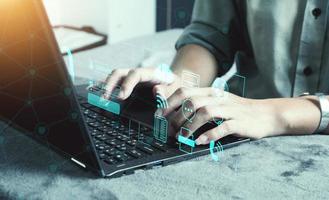 Cybersecurity Concept Global network security technology,  protect personal information. Encryption with a key icon on the virtual interface. photo