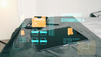 concepto de sistema de gestión de documentos, software de iconos de carpetas y documentos, búsqueda y gestión de archivos en la base de datos de documentos en línea, para un archivado eficiente foto