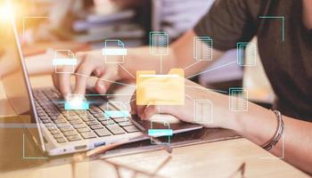 Document management system concept, folder and document icon software, searching and managing files online document database, for efficient archiving photo