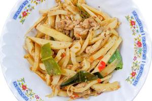 Thai food ,Stir-fried spicy bamboo shoots with white background photo