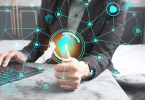 Data protection privacy concept. GDPR. Cyber security network. Hand touch black tablet with digital hologram lock, padlock sign. Innovative, and global network connection, photo