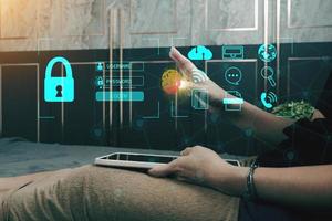 Cybersecurity Concept Global network security technology,  protect personal information. Encryption with a key icon on the virtual interface. photo