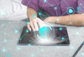 Data protection privacy concept. GDPR. Cyber security network. Hand touch black tablet with digital hologram lock, padlock sign. Innovative, and global network connection, photo