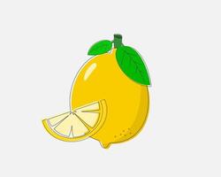 Fresh organic yellow lemon fruit with slice and green leaves isolated on white background Vector. vector