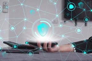 Data protection privacy concept. GDPR. Cyber security network. Hand touch black tablet with digital hologram lock, padlock sign. Innovative, and global network connection, photo