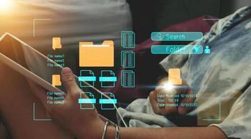 Document management system concept, folder and document icon software, searching and managing files online document database, for efficient archiving photo