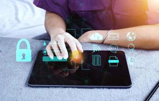 Cybersecurity Concept Global network security technology,  protect personal information. Encryption with a key icon on the virtual interface. photo