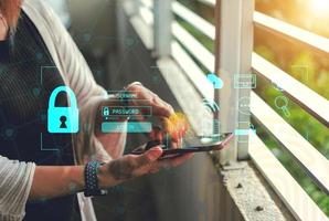 Cybersecurity Concept Global network security technology,  protect personal information. Encryption with a key icon on the virtual interface. photo