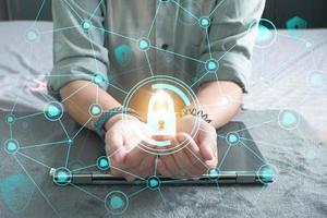Data protection privacy concept. GDPR. Cyber security network. Hand touch black tablet with digital hologram lock, padlock sign. Innovative, and global network connection, photo