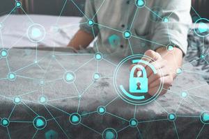 Data protection privacy concept. GDPR. Cyber security network. Hand touch black tablet with digital hologram lock, padlock sign. Innovative, and global network connection, photo