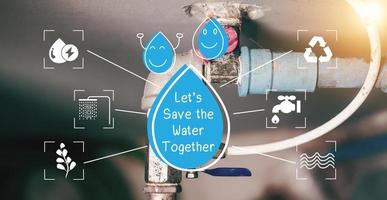 Concept Water saving. Water drop icon and message help save water for the future. Water is life, the source of everything around us. photo