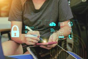Cybersecurity Concept Global network security technology,  protect personal information. Encryption with a key icon on the virtual interface. photo