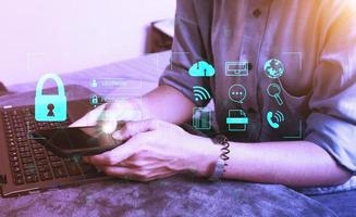 Cybersecurity Concept Global network security technology,  protect personal information. Encryption with a key icon on the virtual interface. photo