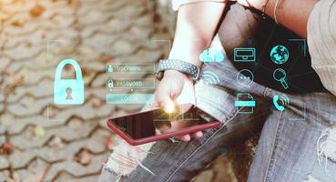 Cybersecurity Concept Global network security technology,  protect personal information. Encryption with a key icon on the virtual interface. photo