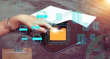 Document management system concept, folder and document icon software, searching and managing files online document database, for efficient archiving photo