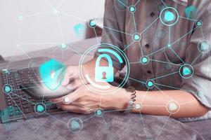 Data protection privacy concept. GDPR. Cyber security network. Hand touch black tablet with digital hologram lock, padlock sign. Innovative, and global network connection, photo