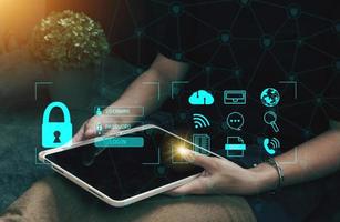 Cybersecurity Concept Global network security technology,  protect personal information. Encryption with a key icon on the virtual interface. photo