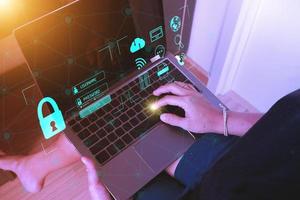 Cybersecurity Concept Global network security technology,  protect personal information. Encryption with a key icon on the virtual interface. photo