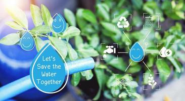 Concept Water saving. Water drop icon and message help save water for the future. Water is life, the source of everything around us. photo