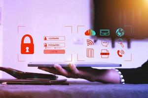 Cybersecurity Concept Global network security technology,  protect personal information. Encryption with a key icon on the virtual interface. photo
