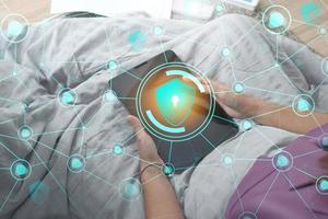 Data protection privacy concept. GDPR. Cyber security network. Hand touch black tablet with digital hologram lock, padlock sign. Innovative, and global network connection, photo