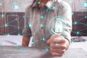 Data protection privacy concept. GDPR. Cyber security network. Hand touch black tablet with digital hologram lock, padlock sign. Innovative, and global network connection, photo