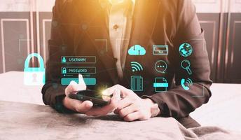 Cybersecurity Concept Global network security technology,  protect personal information. Encryption with a key icon on the virtual interface. photo
