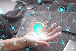 Data protection privacy concept. GDPR. Cyber security network. Hand touch black tablet with digital hologram lock, padlock sign. Innovative, and global network connection, photo
