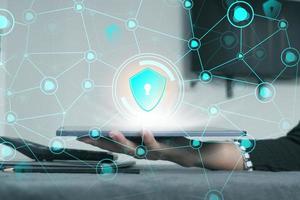 Data protection privacy concept. GDPR. Cyber security network. Hand touch black tablet with digital hologram lock, padlock sign. Innovative, and global network connection, photo