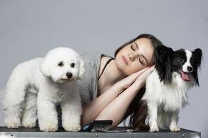 chica peluquera posando durmiendo o cansada con sus mascotas bichon y papillon. foto