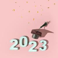 Class of 2023 concept. Numbers 2023 with black graduated cap on colored background photo