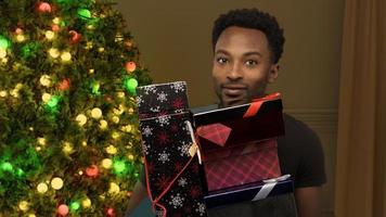 man holding christmas gifts many boxes stack fir tree illuminated lights decorations holiday abundance photo