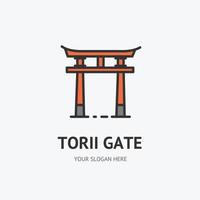 concepto de emblema de icono de línea delgada de signo de puerta torii tradicional japonés. vector