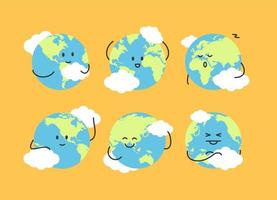 Cartoon Different Cute Globe Earth Characters Set. Vector