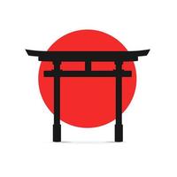 Silhouette Black Japanese Traditional Torii Gate on a Red Sun. Vector