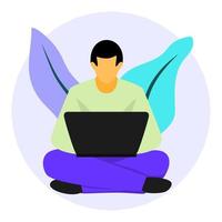 Vector illustration design of a person working in front of a laptop while sitting cross-legged