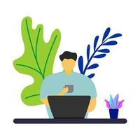 Vector illustration design of a person sitting in front of a laptop and holding a cup