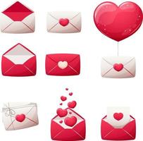 Set of cartoon love letters, envelopes, messages with hearts in white and red colors vector