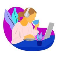 Vector illustration design of a person working in front of a laptop while drinking coffee