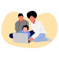 diseño de ilustración vectorial de padre y madre enseñando a su hijo usando una computadora portátil vector