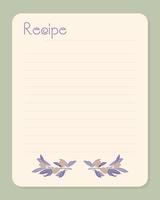 plantilla de receta para notas, papel rayado en blanco con aceitunas dibujadas a mano. vector