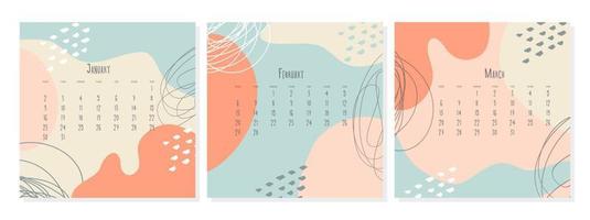 Set of 2023 calendar template by months January February March , calendar cover concept, boho style abstract illustration. vector