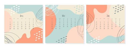 Set of 2023 calendar template by months April May June , calendar cover concept, boho style abstract illustration. vector