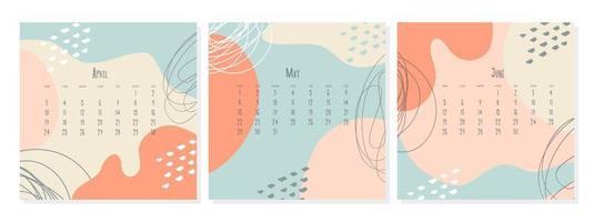 conjunto de plantillas de calendario 2023 por meses abril mayo junio, concepto de portada de calendario, ilustración abstracta de estilo boho. vector