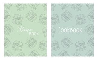 Cover page templates for Recipe books based on seamless patterns with hand-drawn burgers. Cookbook cover layout. vector